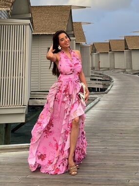 Pink Floral Ruffled Halter Maxi Dress